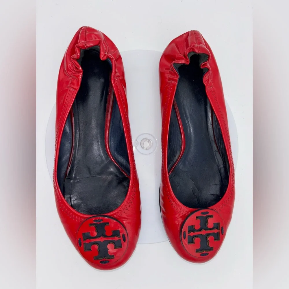 TORY BURCH Red Reva Ballet Flat Patent Leather Shoe Logo Slip On Office‎ Round 7